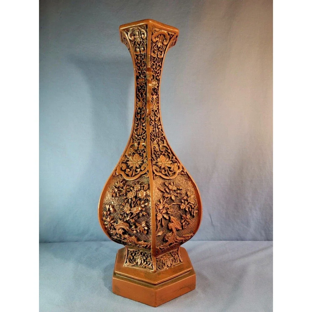 Red Carved Lacquerware Vase China Dynasty Flower Bottle 18.75''Tall Vessel